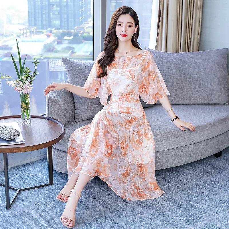 Женский шифоновый комплект из двух предметов рубашка с круглым вырезом и рукавом