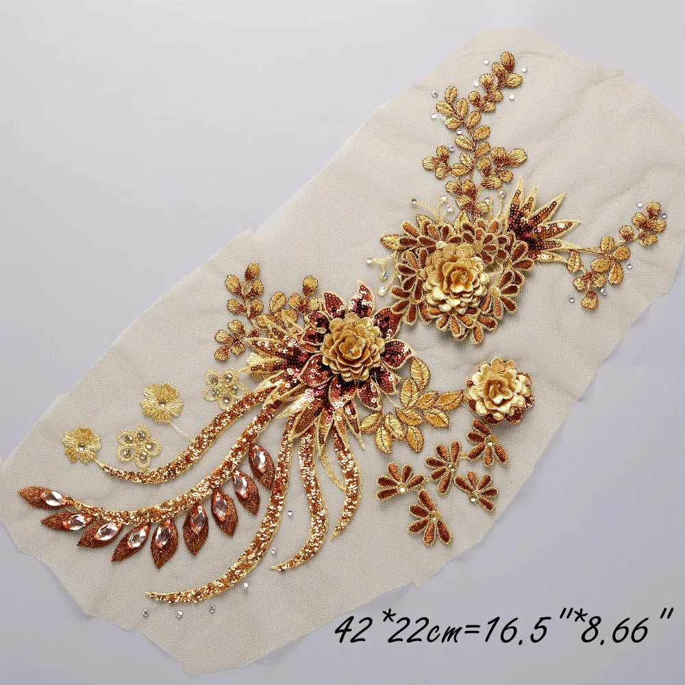 Большие блестки Пион Цветочные бисером кружева аппликация Rhineston костюм кружевной отделкой Вышитые свадебное платье Швейные кружевные мотивы золотой красный
