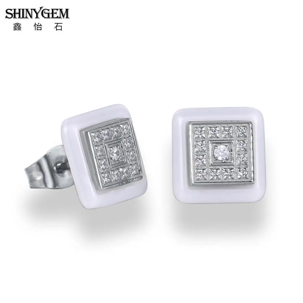 ShinyGem черные белые серьги-гвоздики из керамики круглые/квадратные серьги из нержавеющей стали AAA Белые циркониевые корейские серьги для женщин