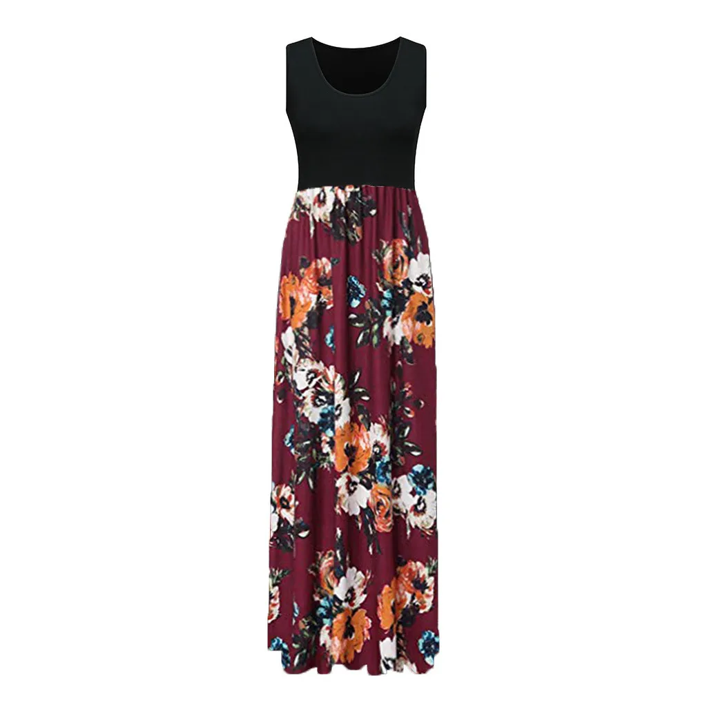 Women's Fashion Casual Sleeveless O-neck Print Maxi Tank Long Dress Summer Women Bohemian Floor-Length Slim G0417#20 | Женская