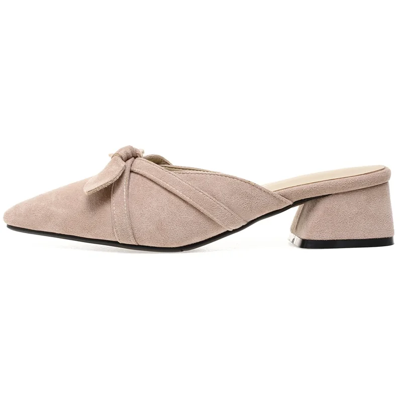 

EGONERY Woman Shoes Summer New Concise Casual Pointed Toe Bowtie Flock Woman Slippers Outside Mid Heels Plus Size Ladies Shoes