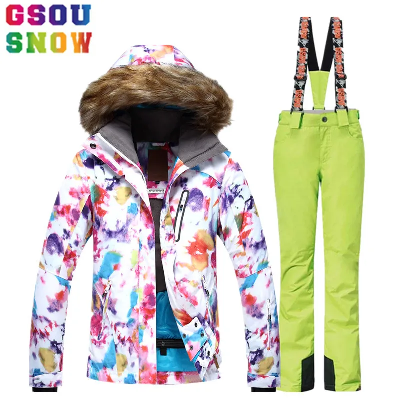 GSOU Зимний лыжный костюм для женщин лыжная куртка брюки Водонепроницаемая