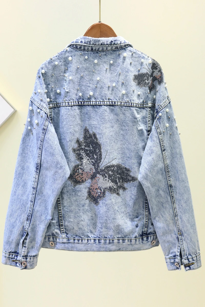 

Harajuku Nail Bead Cowboy Coat Female 2021 Spring Autumn Jean Jackets Womens Loose Diamond Casual Cowboy Jacket Student Outwear