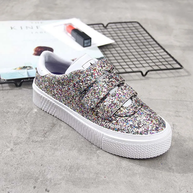 Женская обувь на платформе, Блестящие Кроссовки, zapatos de mujer B, Весенняя новинка, chaussures femme, с блестками, женская обувь на не сужающемся книзу массивном каблуке, серебристого цвета - Цвет: Apricot