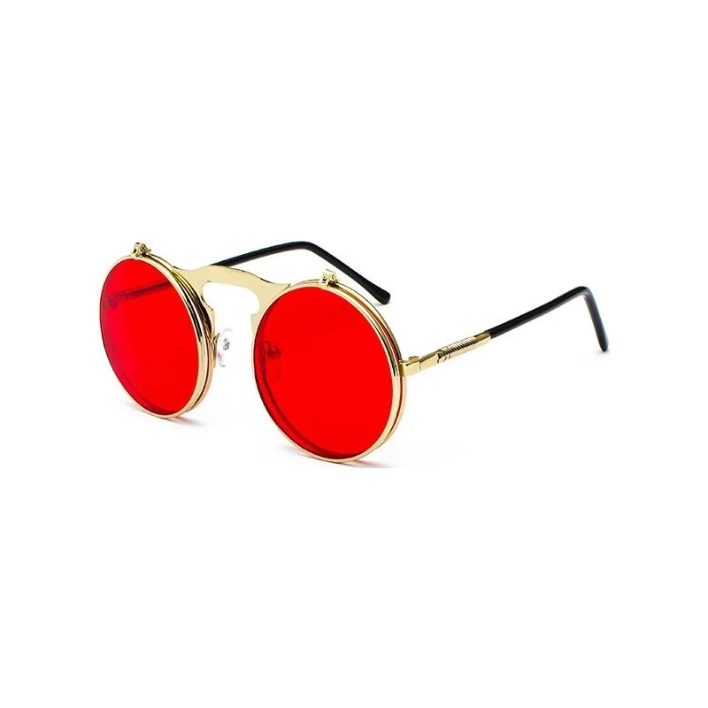 Gold Red Название позиции: стимпанк круг Винтаж круглый кожаный чехол из искусственной кожи(солнцезащитные очки Для женщин Мужская в стиле "панк", металлическая оправа, черные мужские солнцезащитные очки мужские UV400 - Цвет линз: Gold Red