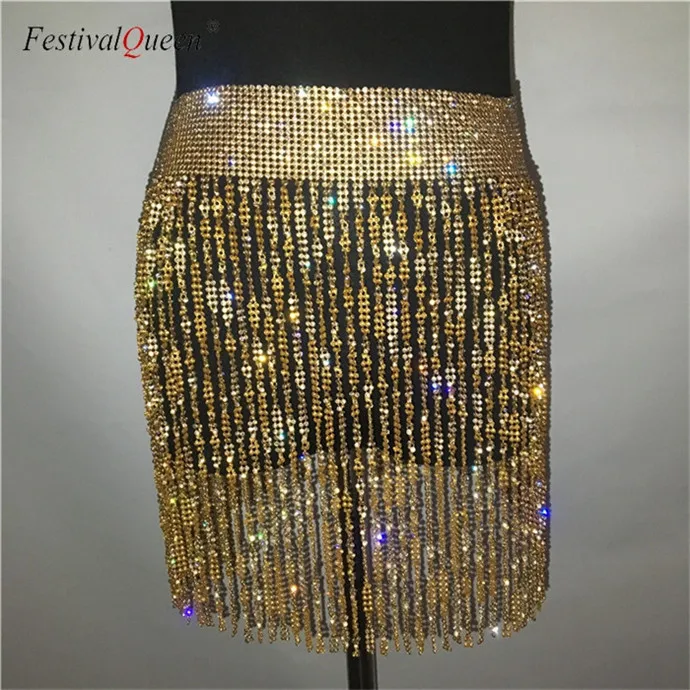 FestivalQueen, сексуальные, стразы, кисточка, цепь, мини юбка, для женщин,, летние, супер блестящие, вечерние, открытые, Роскошные, короткие юбки - Цвет: gold skirt