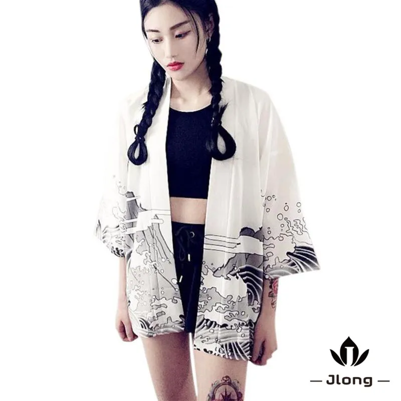 Кимоно в японском винтажном стиле Харадзюку шифоновый кардиган с принтом волн и