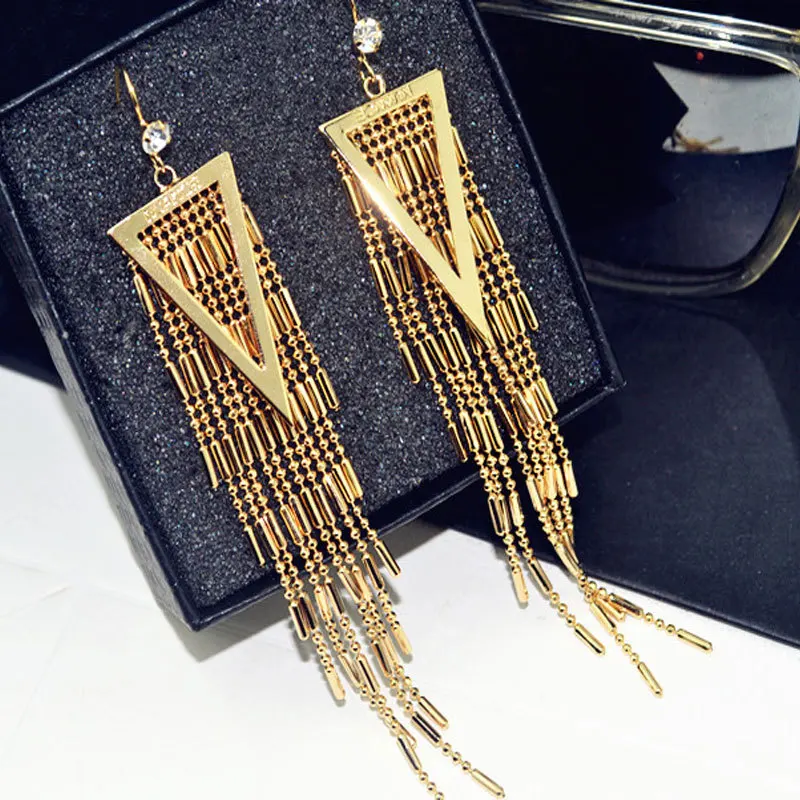 long tassel metal alloy earrings chain triangle temperament retro female party wedding hook for women | Украшения и аксессуары