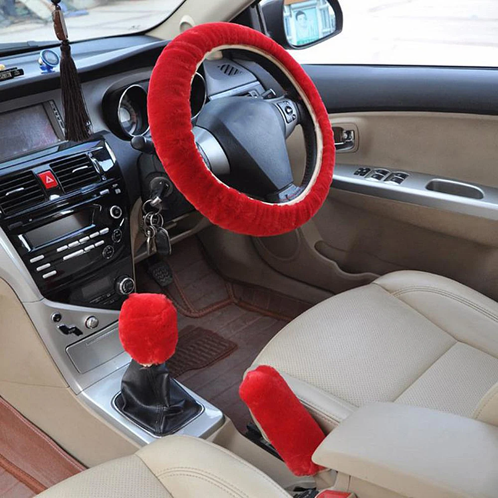 Red Универсальная автомобильная крышка рулевого колеса зимняя Автомобильная короткая шерстяная бархатная трехсекционная ручка ручного тормоза аксессуары для автомобиля интерьер - Название цвета: Red