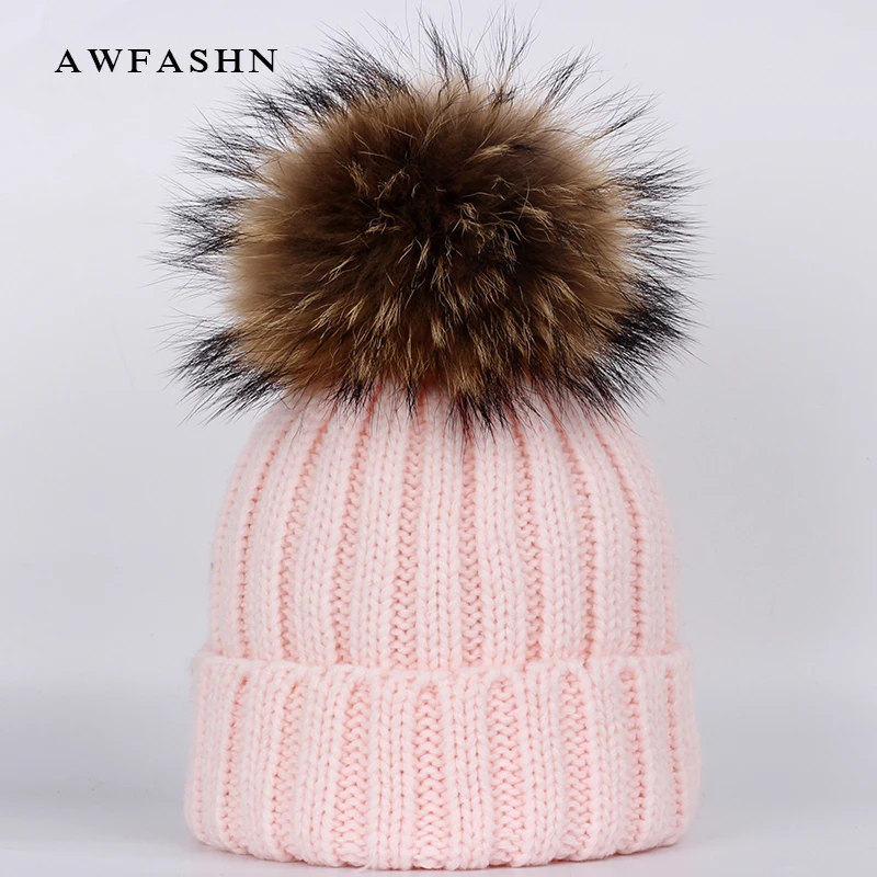 

New Children's Raccoon Fur Pom poms Knit Beanies Hat Winter Hat Warm Boy Girl Skullies Slouchy Ski Thicken Hedging Cap Baby Kids