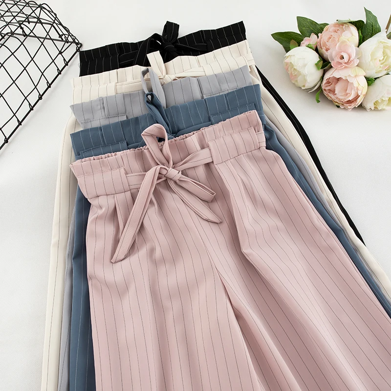 Striped Wide Leg Long Pants Women Sweet Elegant High Waist With Sashes Chiffon Trouser Female Fashion Office Wear Bottoms | Женская