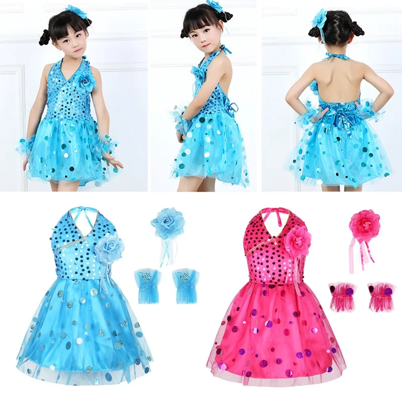 Set of 4 Kids Girls Sleeveless Halter Sequins Tulle Dress with Flower Brooch and Bracelet Outfits SZ 3-12Years | Детская одежда и
