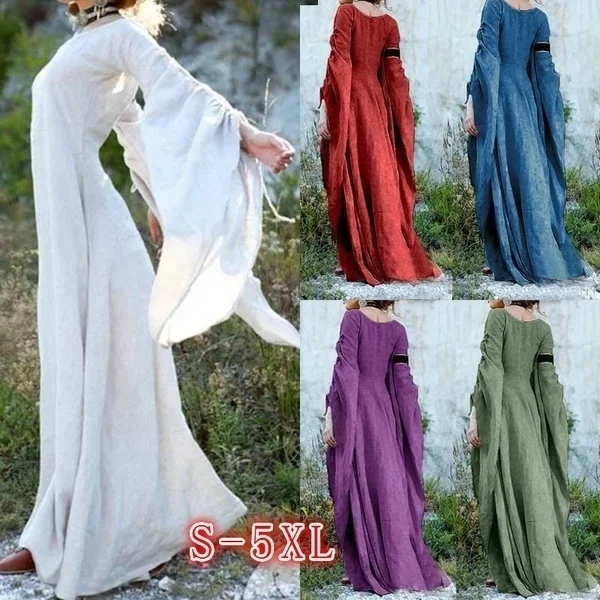 2019 Women Dress Renaissance Floor Length Dress Chemise Dress Garb Costume Long Sleeve Medieval Gothic Dress Gown Cosplay Costum