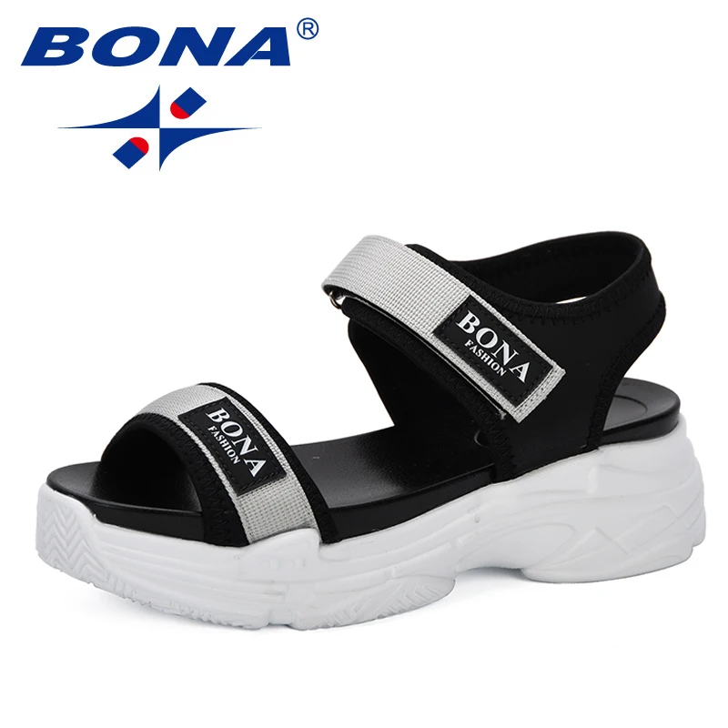 Женские дышащие сандалии BONA черные на платформе для прогулок лета 2019|Боссоножки