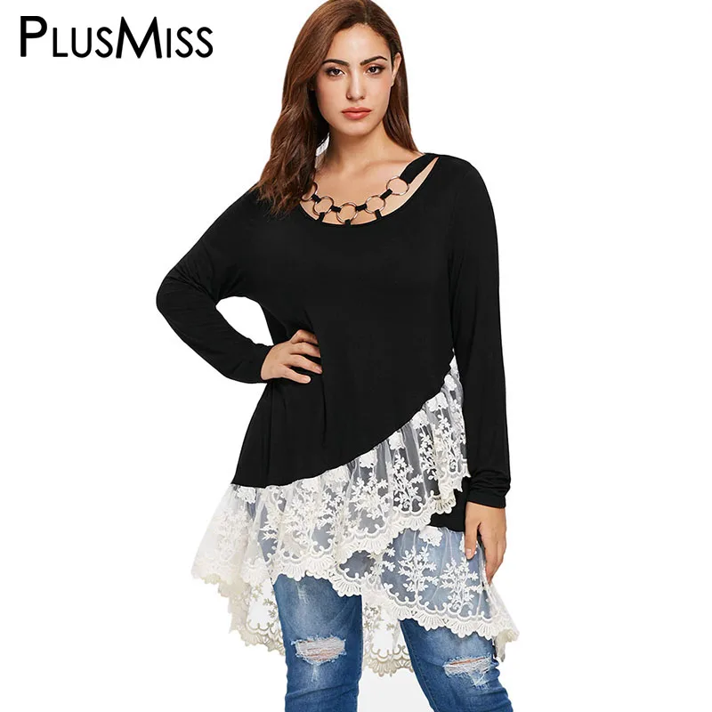 PlusMiss плюс размер 5XL L белый цветочный кружевной черный длинный Топ женский 2018