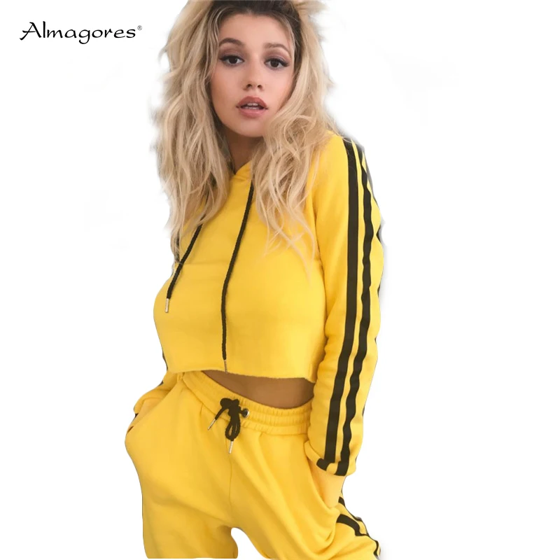 Almagores ансамбль Femme 2 шт Pantalon желтый Hooded Crop кофта топ шорты брюки Для женщин