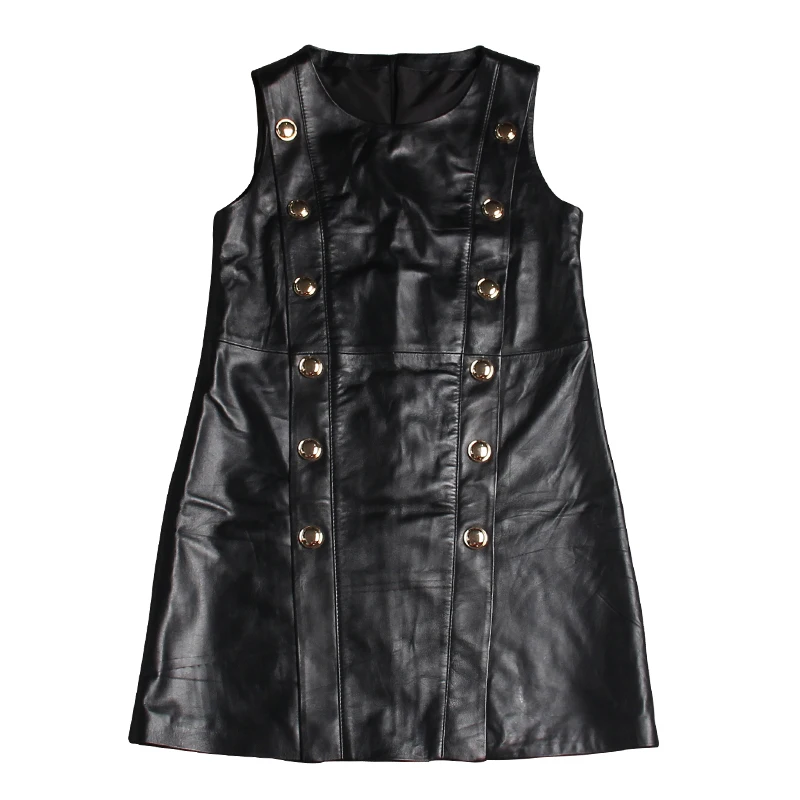 

Spring Autumn New Double Breasted Real Leather Dress Women Black Slim Midi Sheepskin Dresses Street O-Neck Zip Dress Plus Size