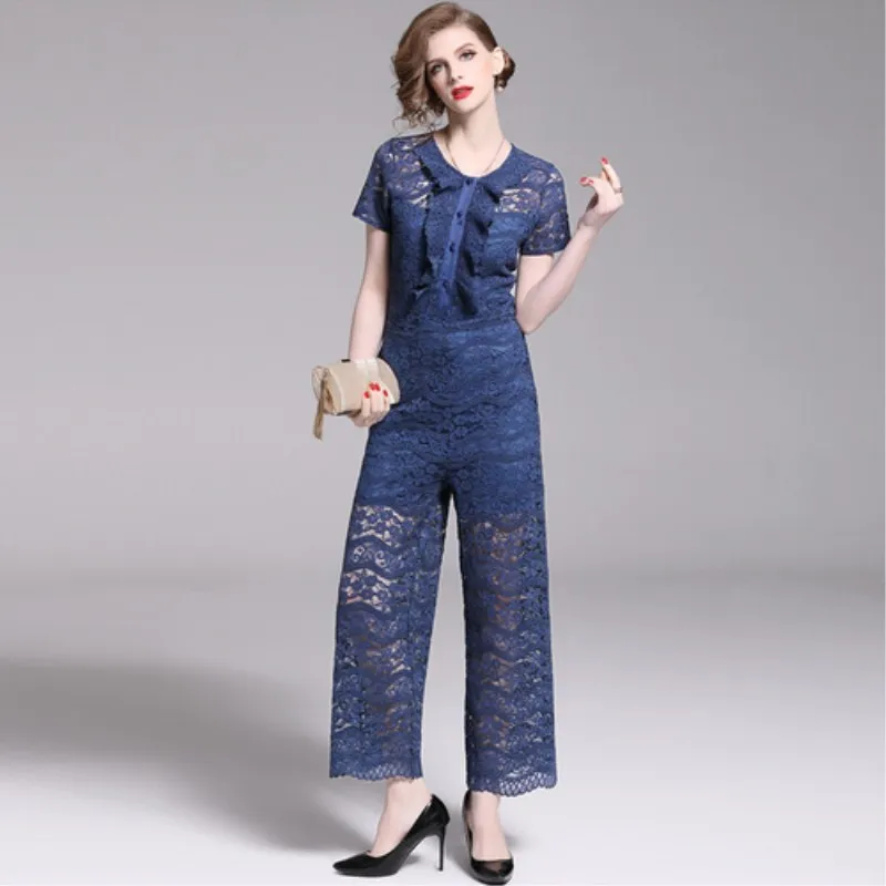 2019 Новый комбинезон для женщин Летняя мода Элегантный синий кружево прямой