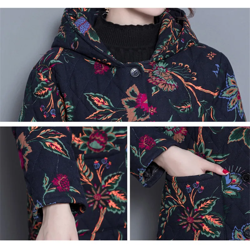 

Winter Coat Women Print Embroidery Plus Size Long Sleeve Hooded Cotton Coat 2018 Autumn New Loose Slim Thick Chic Coats CX193