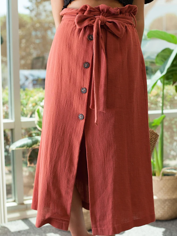 Повседневная однобортная Женская юбка с поясом летняя Однотонная высокой талией