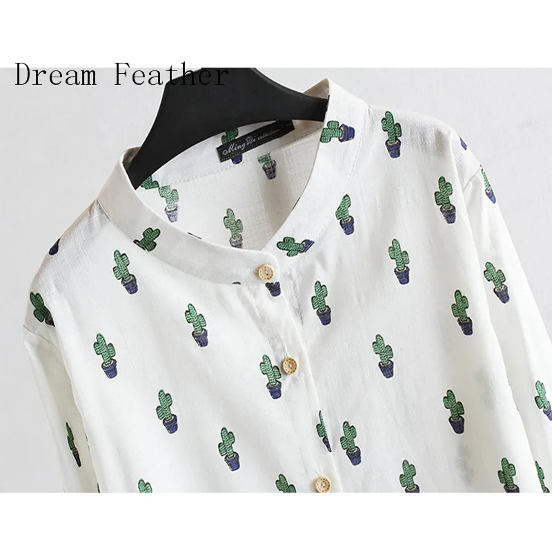 Женские блузки с длинными рукавами повседневные хлопковые принтом кактуса в