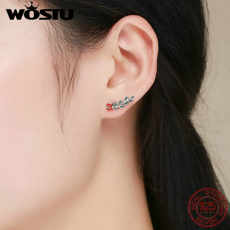 WOSTU,,, 925 пробы, серебряные, Божья коровка и листья, висячие серьги для женщин, фирменное название, серебряные ювелирные изделия, подарок CQE314