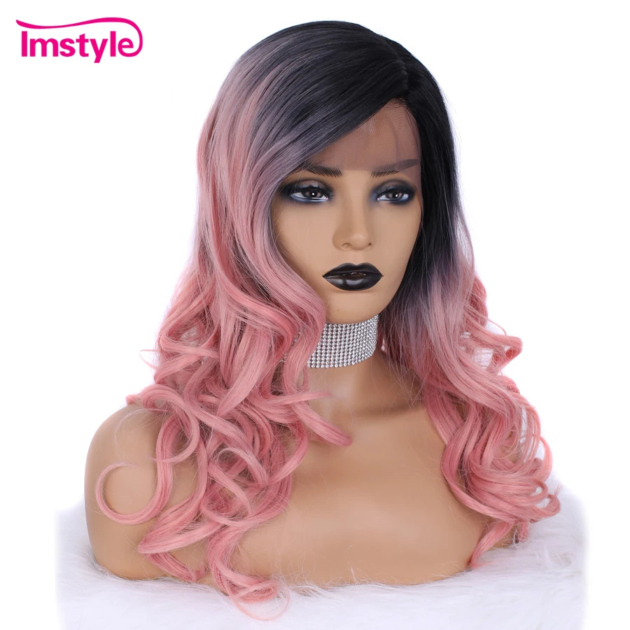Imstyle Ombre розовые парики Волнистые Синтетические кружева спереди парик для женщин Термостойкое волокно натуральный парик для косплея