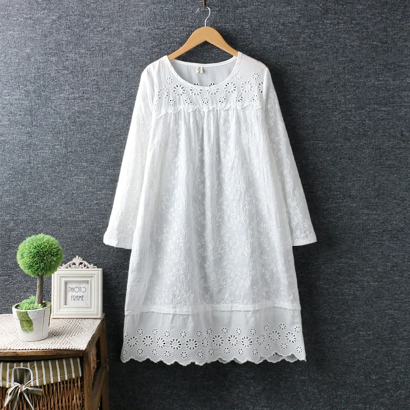 Кружево выдалбливают лоскутное вышивка хлопковое платье mori girl 2018 Весна|cotton dress|mori