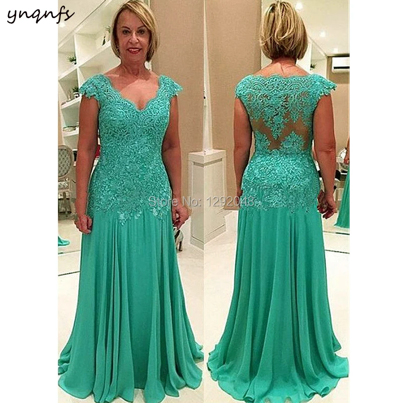 YNQNFS MD44 Elegant Lace Appliqued Sheath V Neck Cap Sleeves Mother of the Bride/Groom Dresses Long Outfits Emerald Green