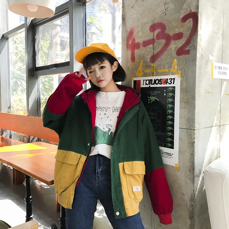 

Spring and Autumn Women's Jacket Color Block Hooded Corduroy Jacket Zipper Buttons Loose Coat Long Sleeve Casual Top JQ95