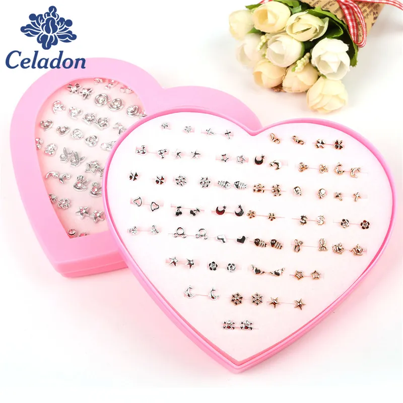 Набор серег гвоздиков для девочек комплект милого цвета розового золота с