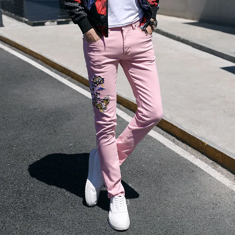 Fashion Streetwear Mens Jeans Slim Fit Elastic Punk Pants Hip Hop Jeans Embroidery Denim Trousers Men Pink Yellow Green Color - Цвет: Розовый