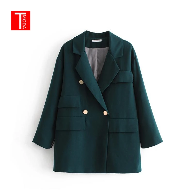 TMODA однотонный Винтажный Зеленый Блейзер Feminino Женская одежда с длинным рукавом прямое Свободное пальто с лацканами 2 однобортный пиджак с карманами