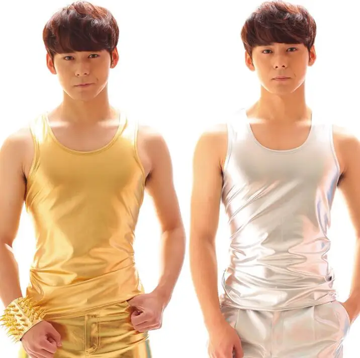 Оригинальный мужской жилет одежда серебристого и золотого цвета эластичная