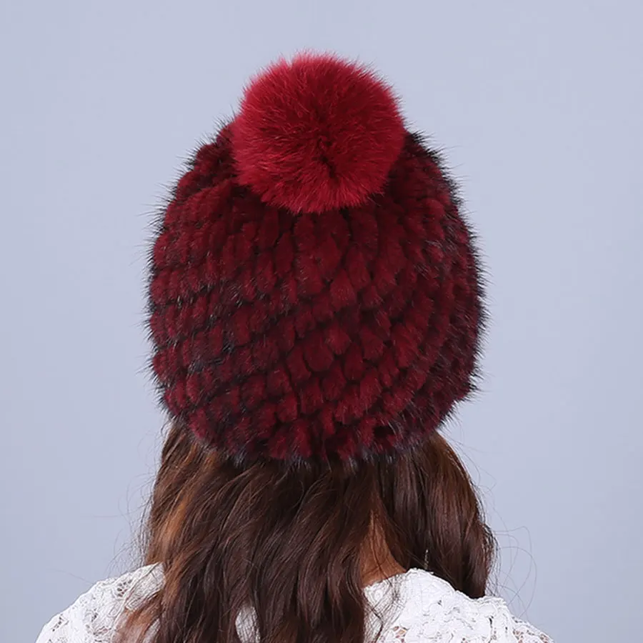 2018 Real Fur Hat Women New Winter Natural Mink Lining Knitted Beanie Red Wine Elegant Brown Black Solid | Аксессуары для одежды