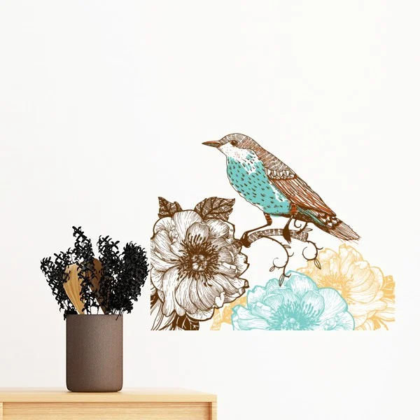 

Freehand Sketch Flower Bird Blue Black Removable Wall Sticker Art Decals Mural DIY Wallpaper for Room Decal