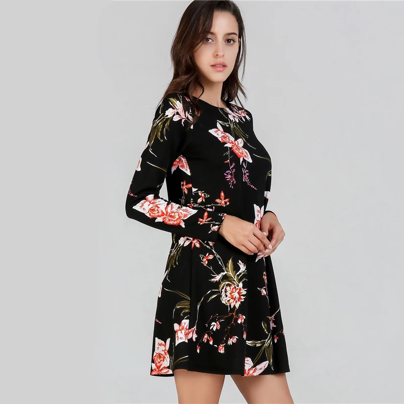 Sheinside, черное платье-туника с цветочным принтом, для женщин, OL, для работы, короткое, прямое, для девушек, платья,, длинный рукав, повседневное, цветочное, мини платье