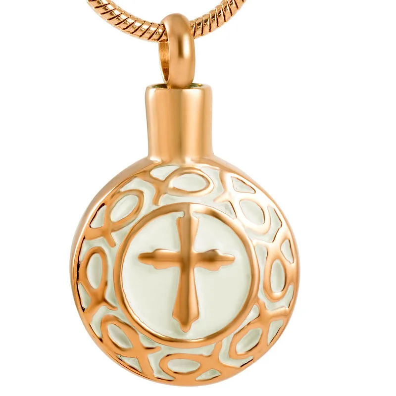 Silver gold and rose tone round memorial cremation urn funeral pendants with cross logo inlay ashes holder keepsake |