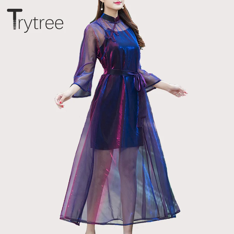 Trytree весна лето платье повседневное женское по щиколотку выдалбливают три