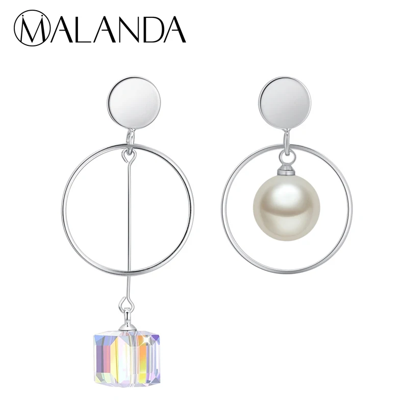 MALANDA квадратные серьги с кристаллами SWAROVSKI круглые жемчужные серебряные женские
