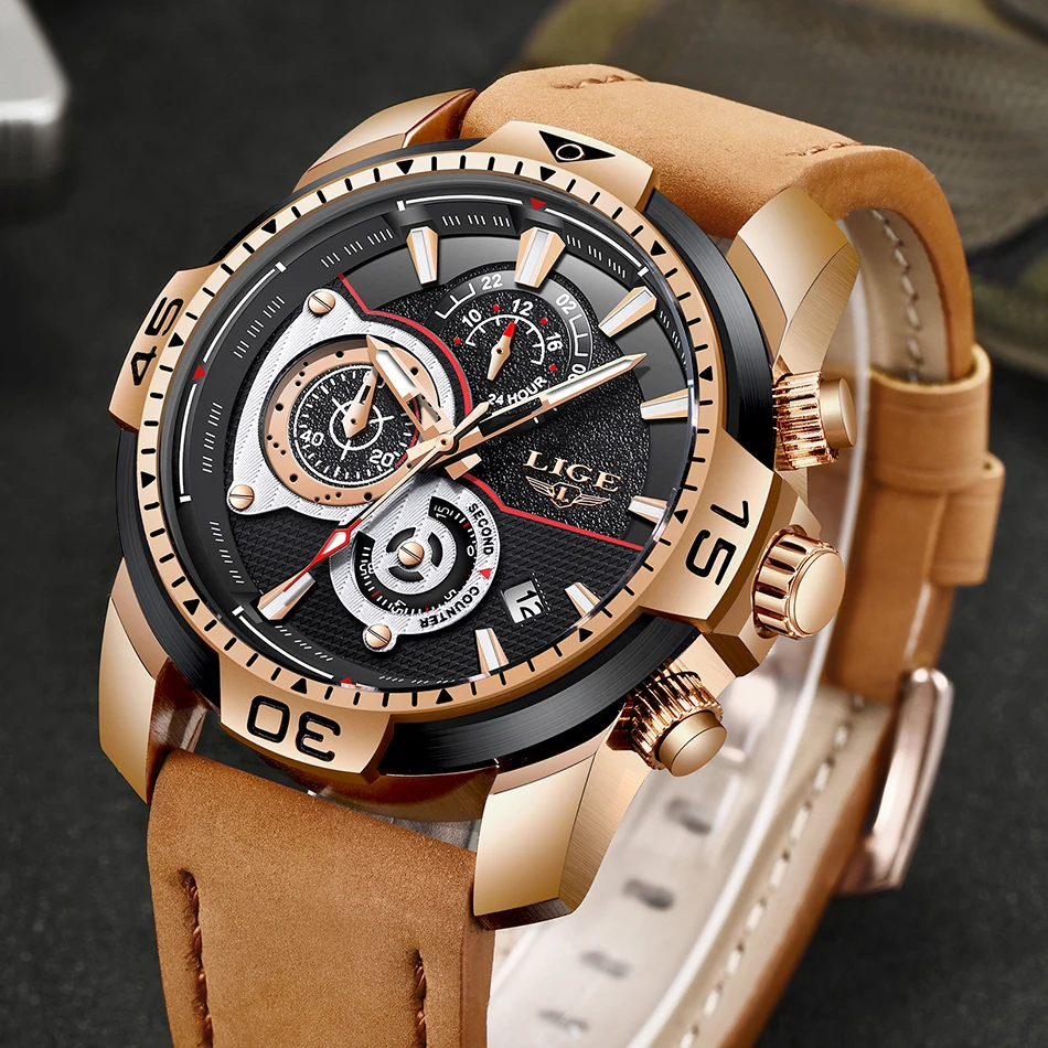 2022 LIGE Mens Watches Top Brand Luxury Casual Leather Quartz Clock Male Sport Waterproof Watch Gold Watch Men Relogio Masculino