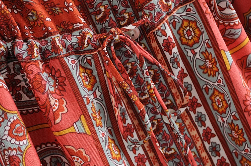 Женское платье с цветочным принтом BOHO длинное поясом на кнопках в этническом