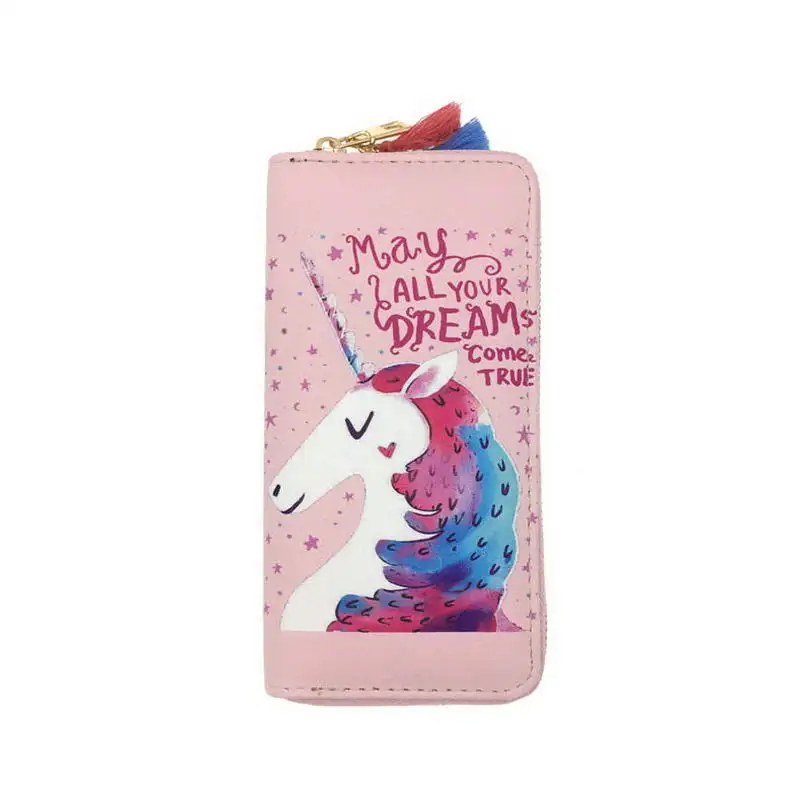 KANDRA Kawaii, кошелек с единорогом, кисточкой, на молнии, кошелек для девушек из искусственной кожи, кошелек с принтом животных, сумка для телефона, кредитный держатель для карт