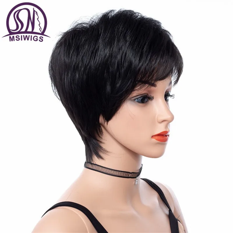 MSI Wigs короткие женские парики в черном кудрявые прямые синтетические волосы парик с боковой челкой без клея 8 дюймов волосы термостойкие