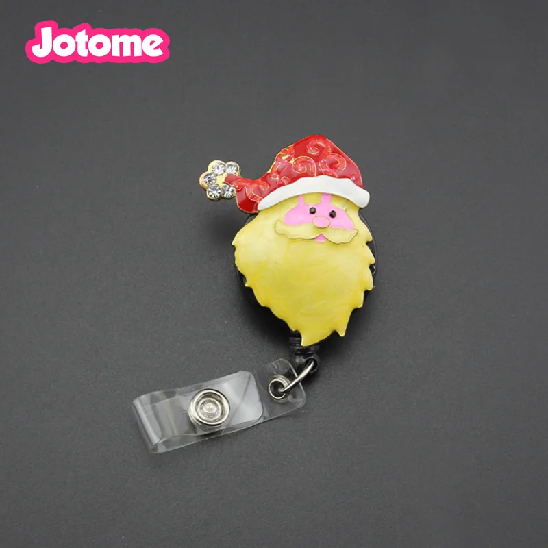 

10pcs/lot Retractable Clear Rhinestone Enamel Santa Claus ID badge Holder Reel As Christmas Gift