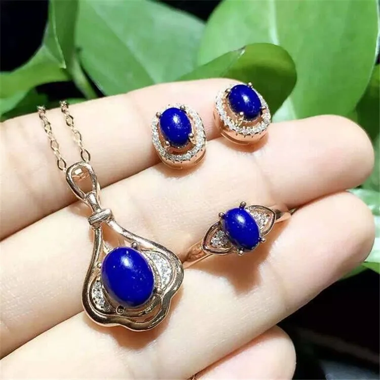 KJJEAXCMY boutique jewelry Natural Lapis Ring Necklace Pendant Earrings Set inlaid jewelry wholesale S925 Sterling Silver