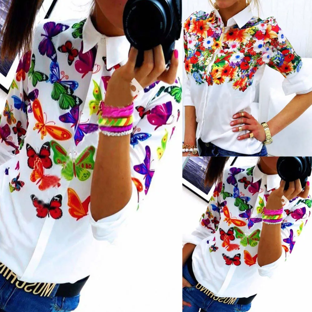 2016 женские блузки рубашки отложной воротник Цветочная блузка с длинным рукавом