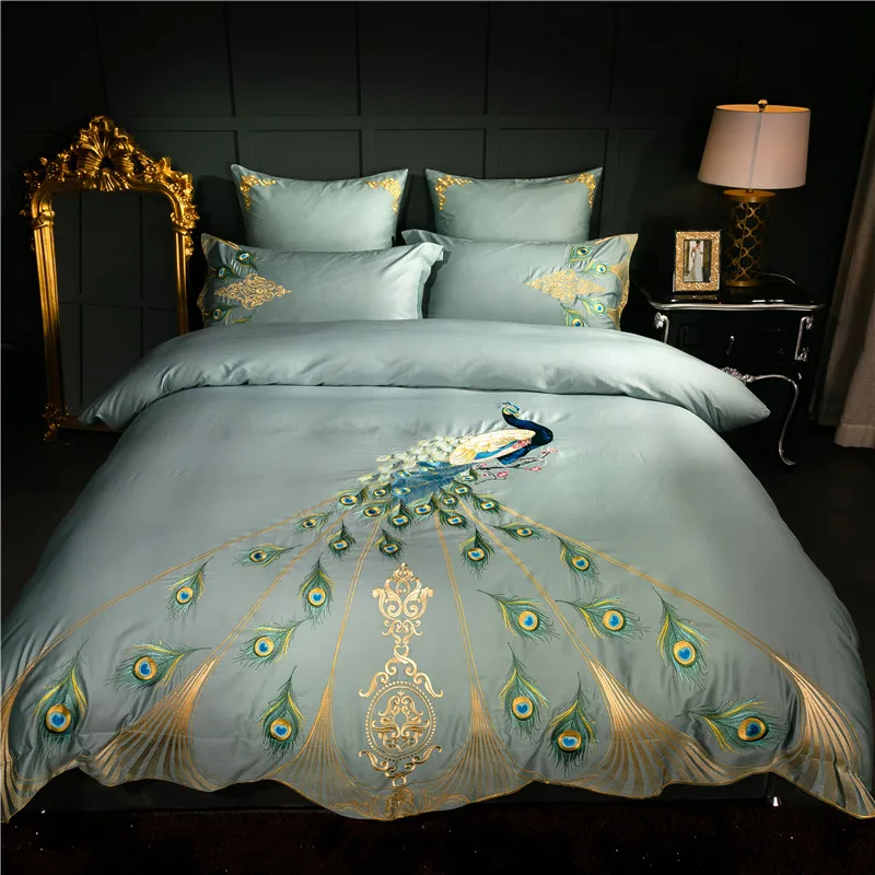 

Chinese embroidery luxury Bedding set queen king size Duvet cover Bed sheet set 60S egyptian cotton silky fabric peacock green