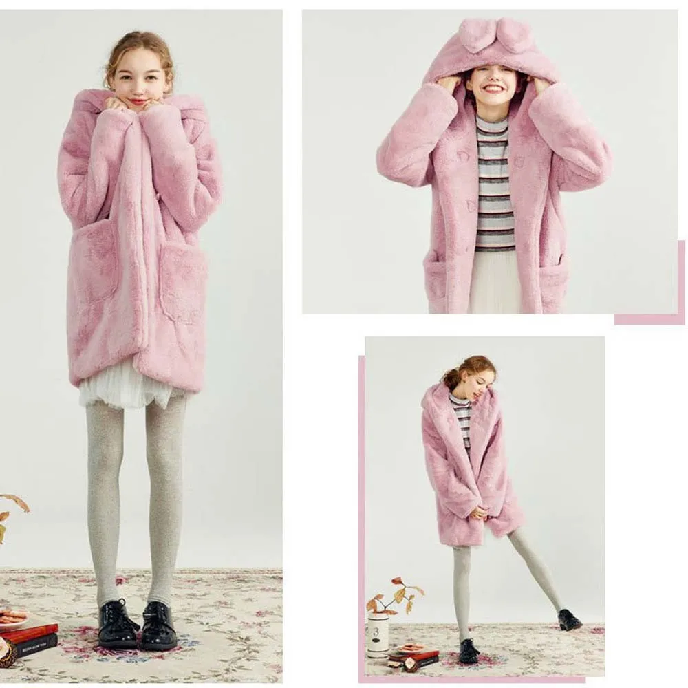 

Nice New Women Autumn Winter Warm Faux Fur Coats Clothes Long Sleeve Hooded Imitation Fur Long Coat Cute Plush Rabbit Ears Coat