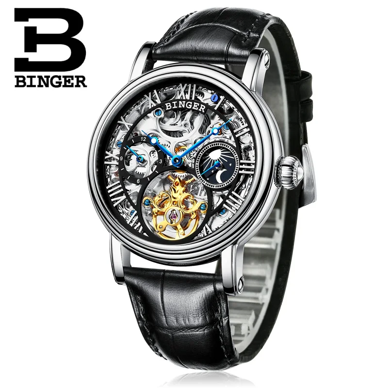 Швейцария БИНГЕР часы для мужчин люксовый бренд Tourbillon Relogio Masculino водостойкие Скелет механические часы B-1171-3